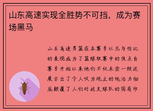 山东高速实现全胜势不可挡，成为赛场黑马
